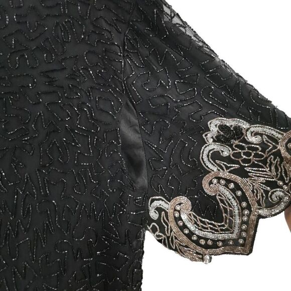 Vintage Black Silk Top Hand Embellished with Silver Beads & Sequins | Laurence K - Picture 3 of 6